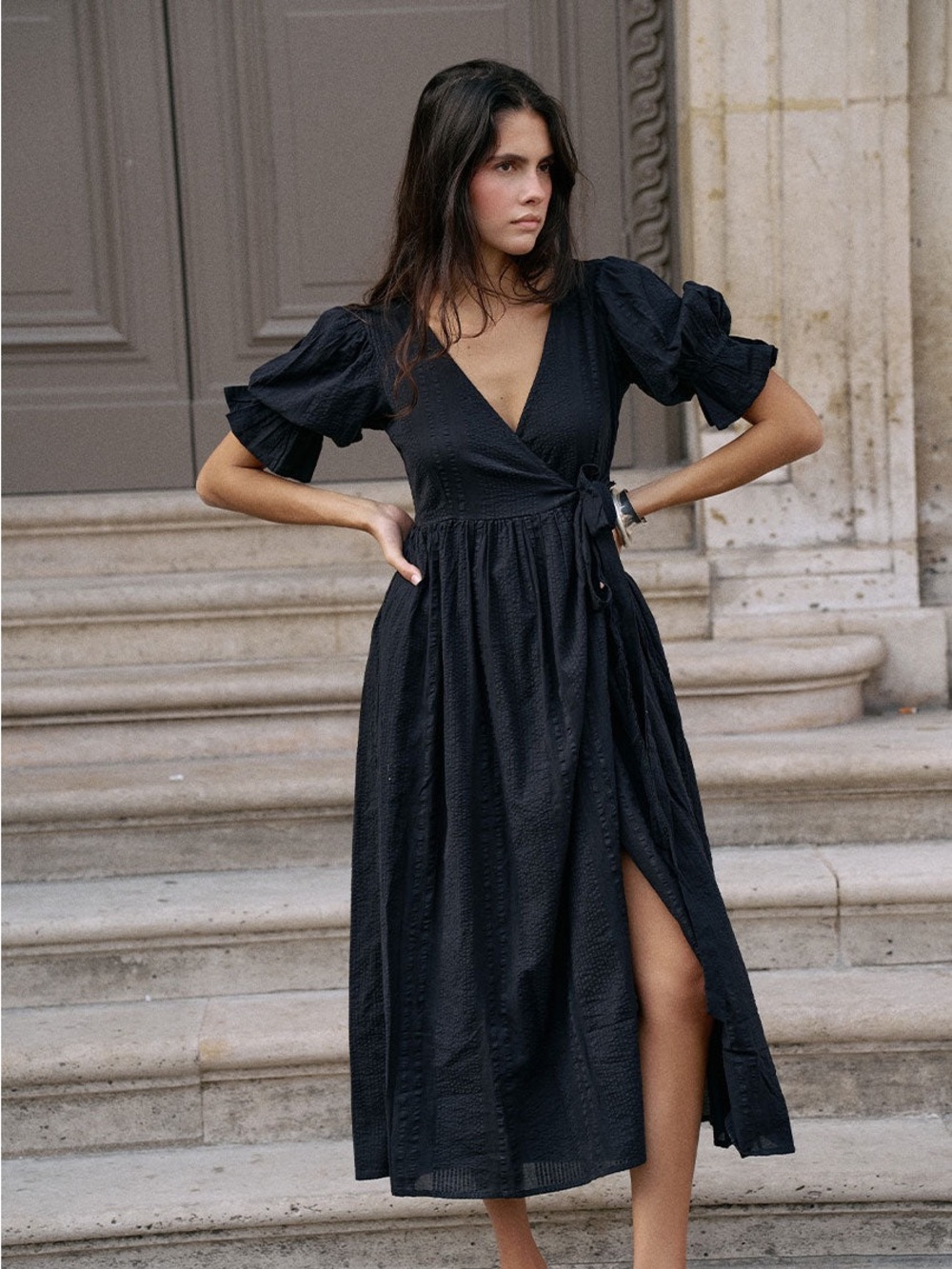 Daughters of India Uma Maxi Dress Size Large Tie Waist Wrap Dress Puff Sleeves